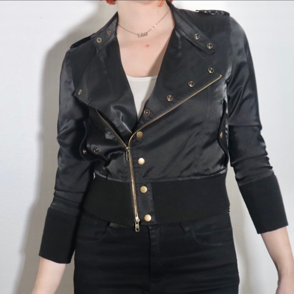 Gold Buttoned Silky Black Biker Jacket - Picture 7 of 16